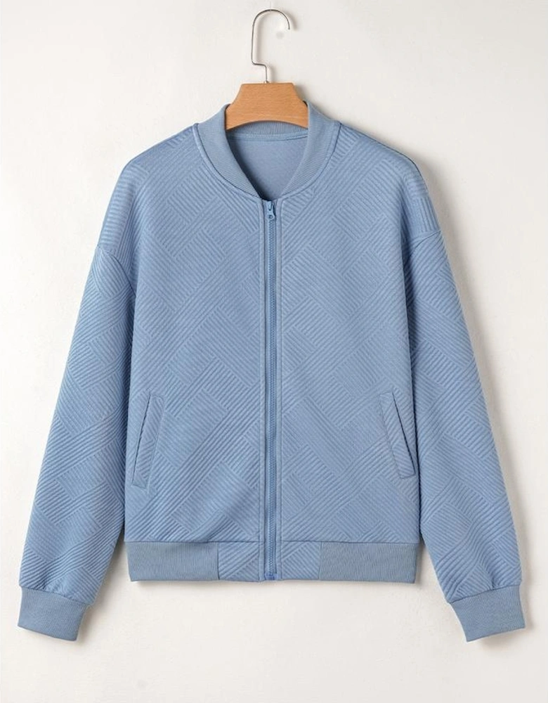 Myosotis Solid Textured Stand Neck Zipper Bomber Jacket