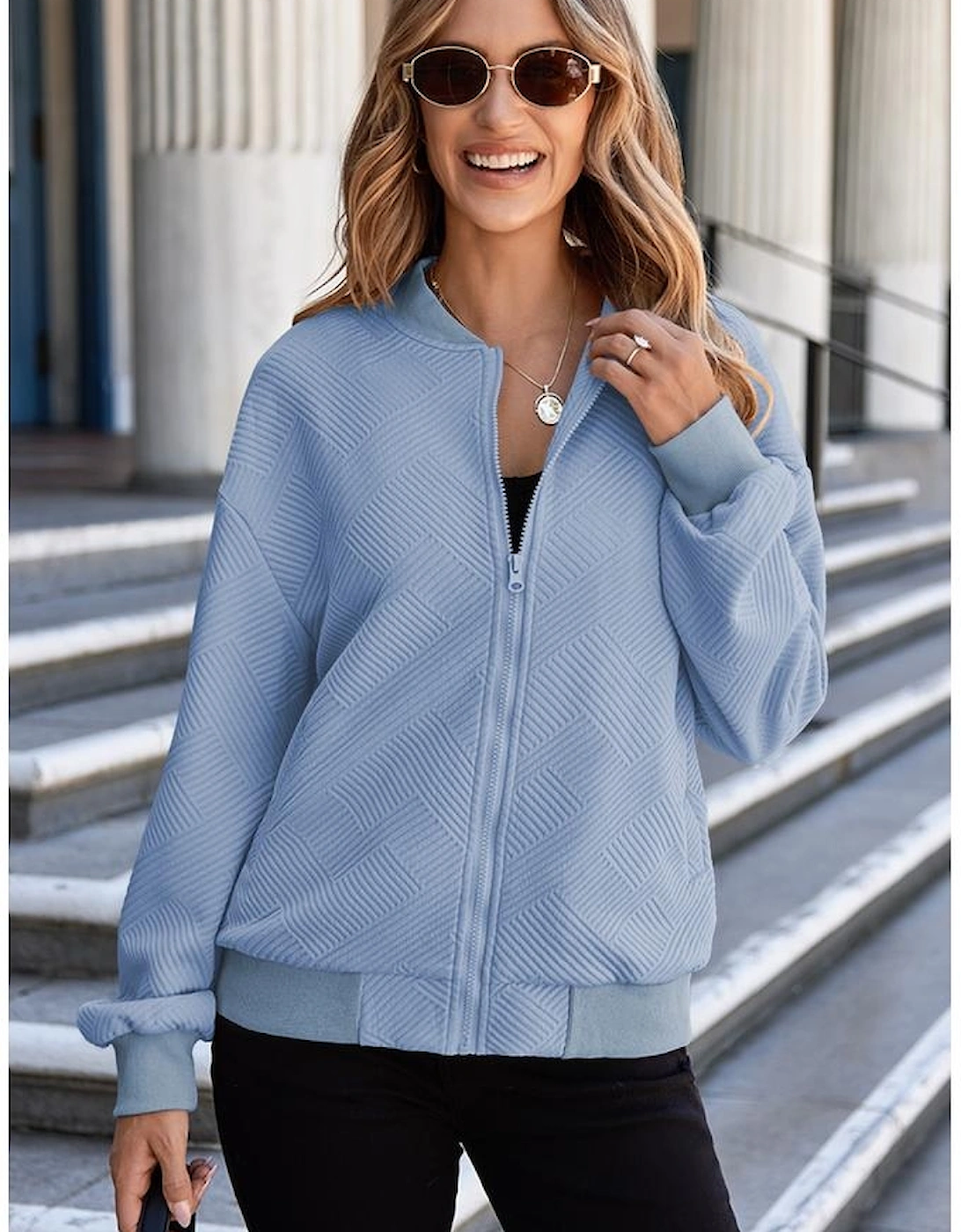 Myosotis Solid Textured Stand Neck Zipper Bomber Jacket