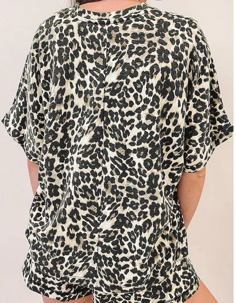 Black Cheetah Printed Casual Tee and Shorts Lounge Set
