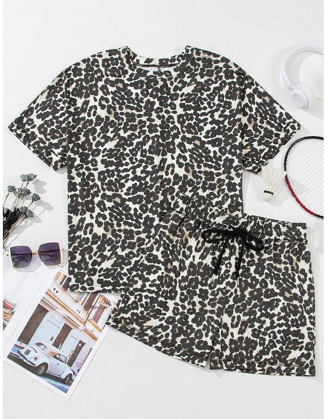 Black Cheetah Printed Casual Tee and Shorts Lounge Set