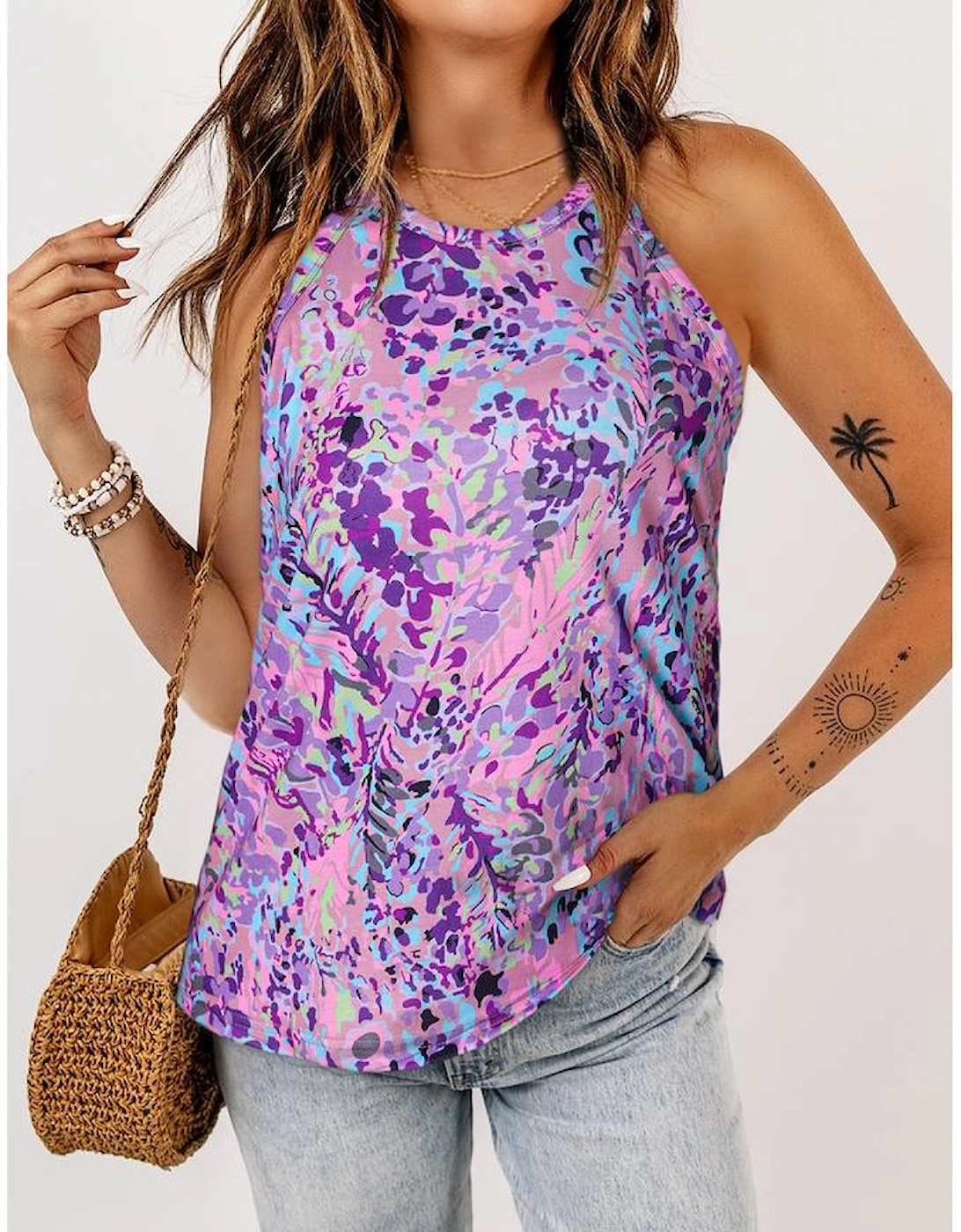 Multicolor Tropical Floral Print Racerback Tank Top