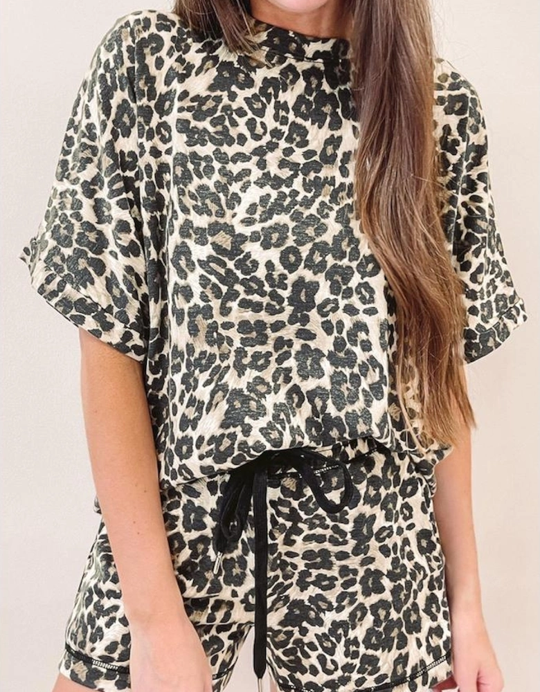 Black Cheetah Printed Casual Tee and Shorts Lounge Set