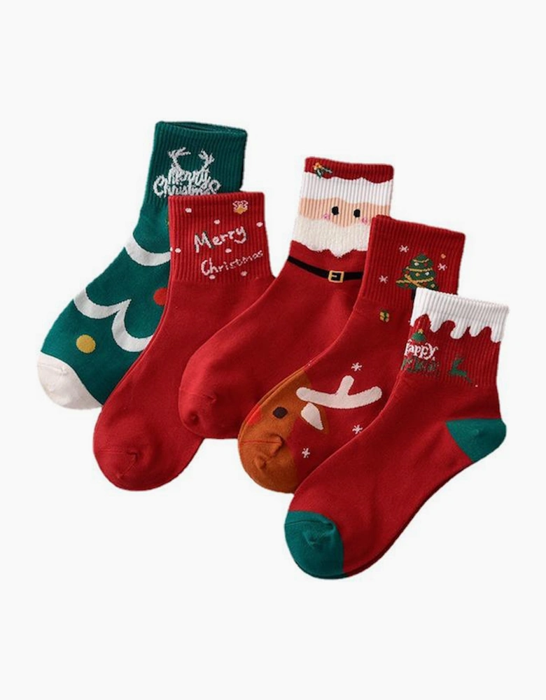 Azura Exchange Fiery Red 5 Pairs Festive Merry Christmas Cartoon Print Socks