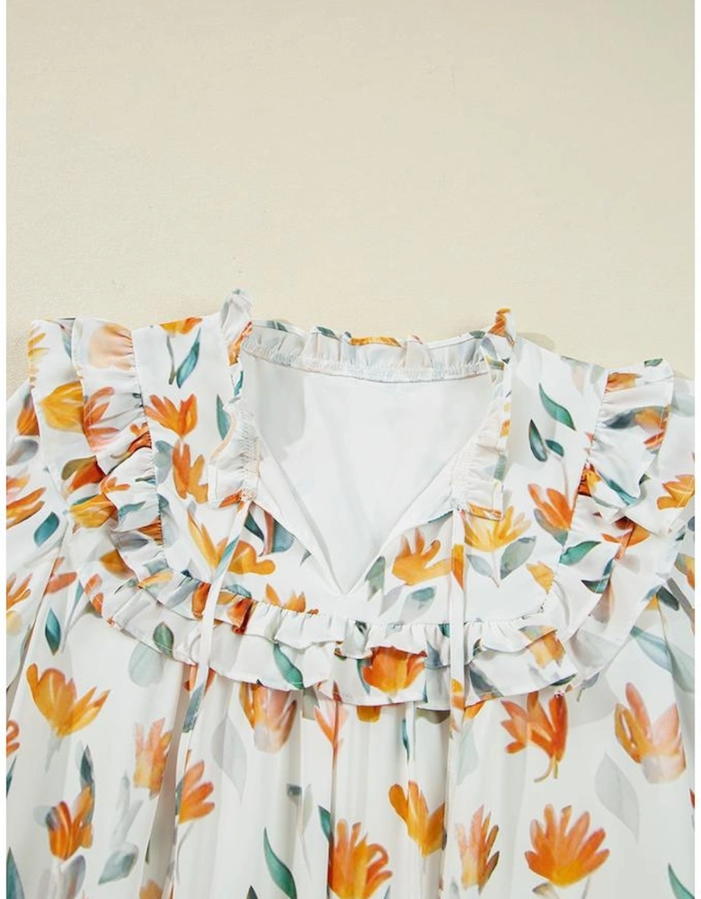 Yellow Floral Print Tie Neck Frilled Detail Long Sleeve Mini Dress