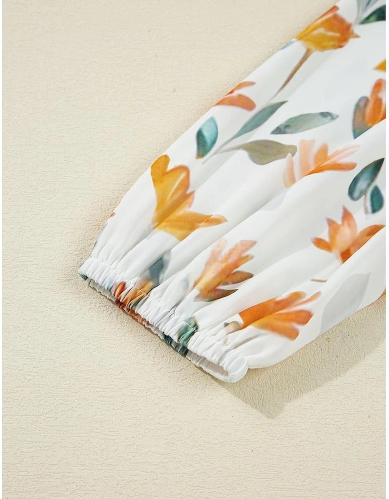 Yellow Floral Print Tie Neck Frilled Detail Long Sleeve Mini Dress