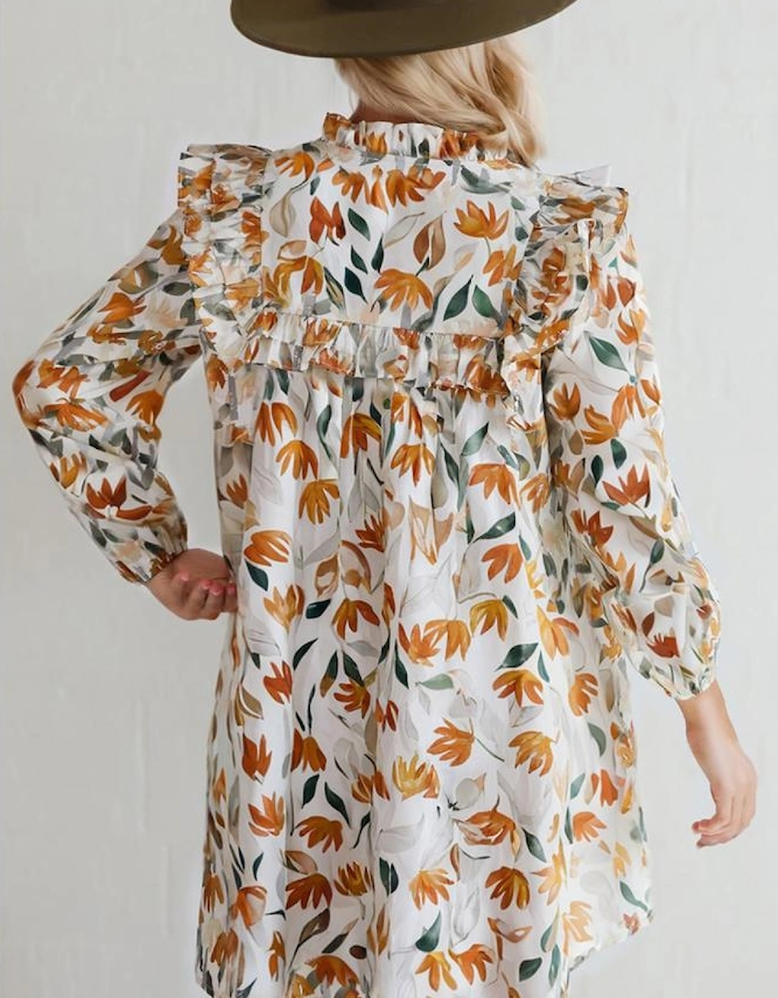 Yellow Floral Print Tie Neck Frilled Detail Long Sleeve Mini Dress, 14 of 13