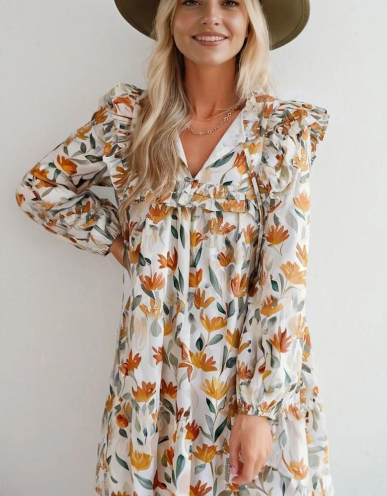 Yellow Floral Print Tie Neck Frilled Detail Long Sleeve Mini Dress
