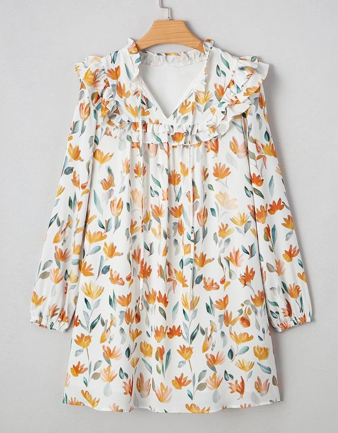 Yellow Floral Print Tie Neck Frilled Detail Long Sleeve Mini Dress