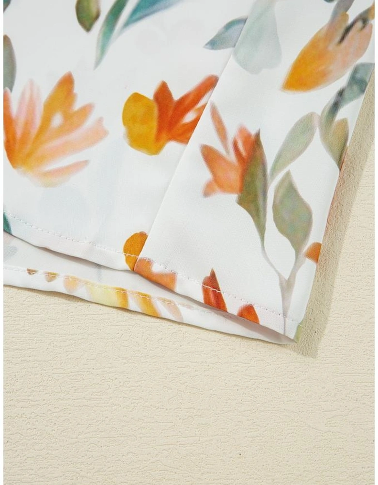 Yellow Floral Print Tie Neck Frilled Detail Long Sleeve Mini Dress