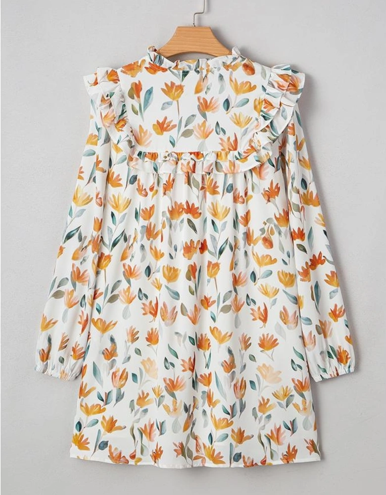 Yellow Floral Print Tie Neck Frilled Detail Long Sleeve Mini Dress