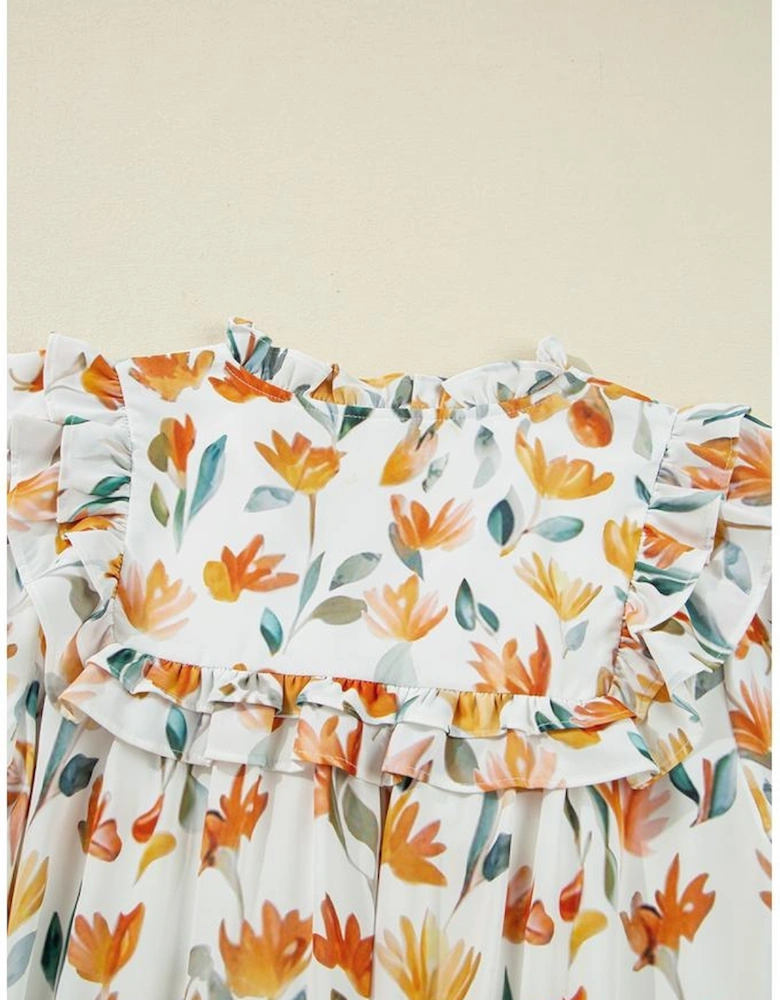 Yellow Floral Print Tie Neck Frilled Detail Long Sleeve Mini Dress