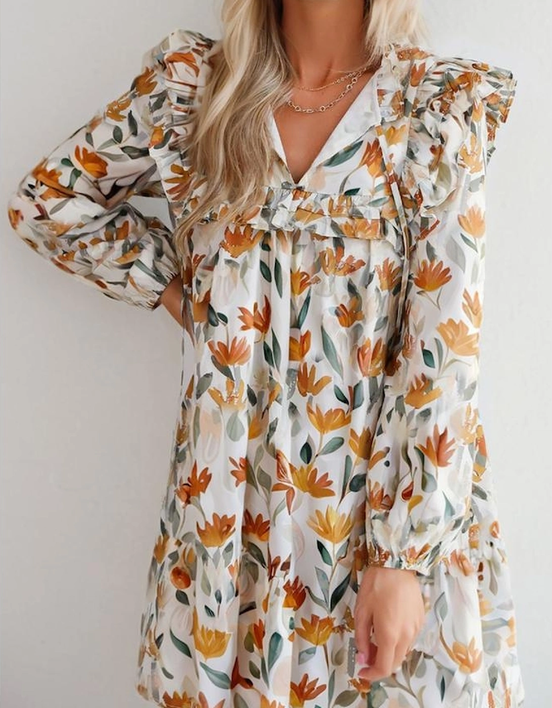 Yellow Floral Print Tie Neck Frilled Detail Long Sleeve Mini Dress