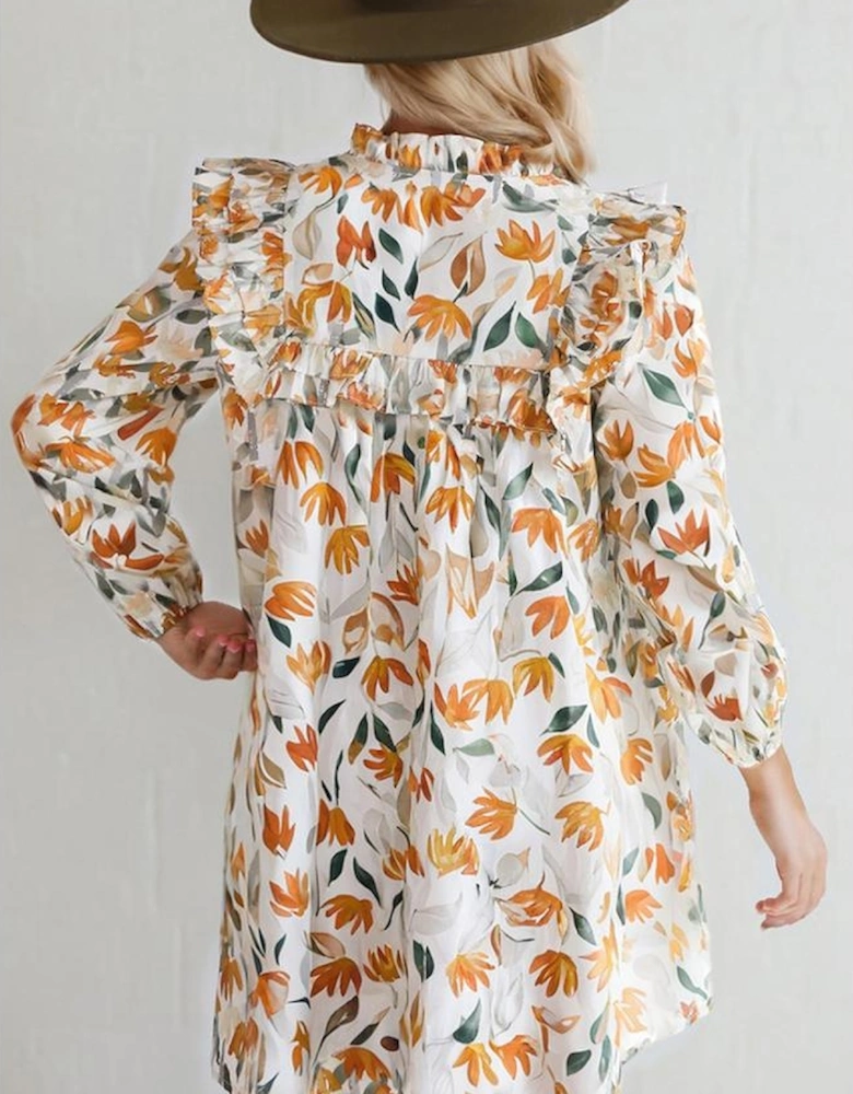 Yellow Floral Print Tie Neck Frilled Detail Long Sleeve Mini Dress