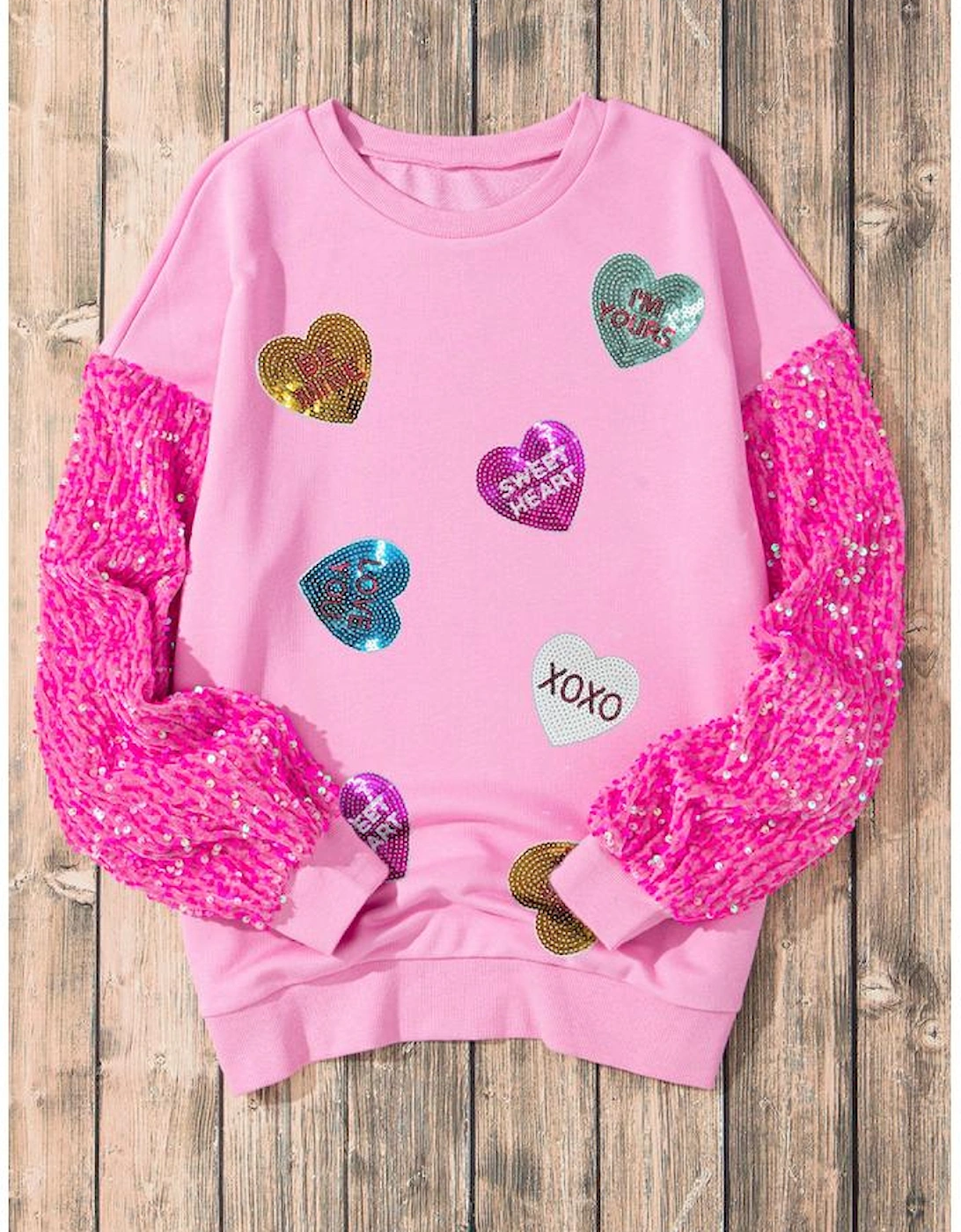 Pink Valentine Shiny Slogan Heart Sequin Sleeve Patchwork Pullover Top, 4 of 3