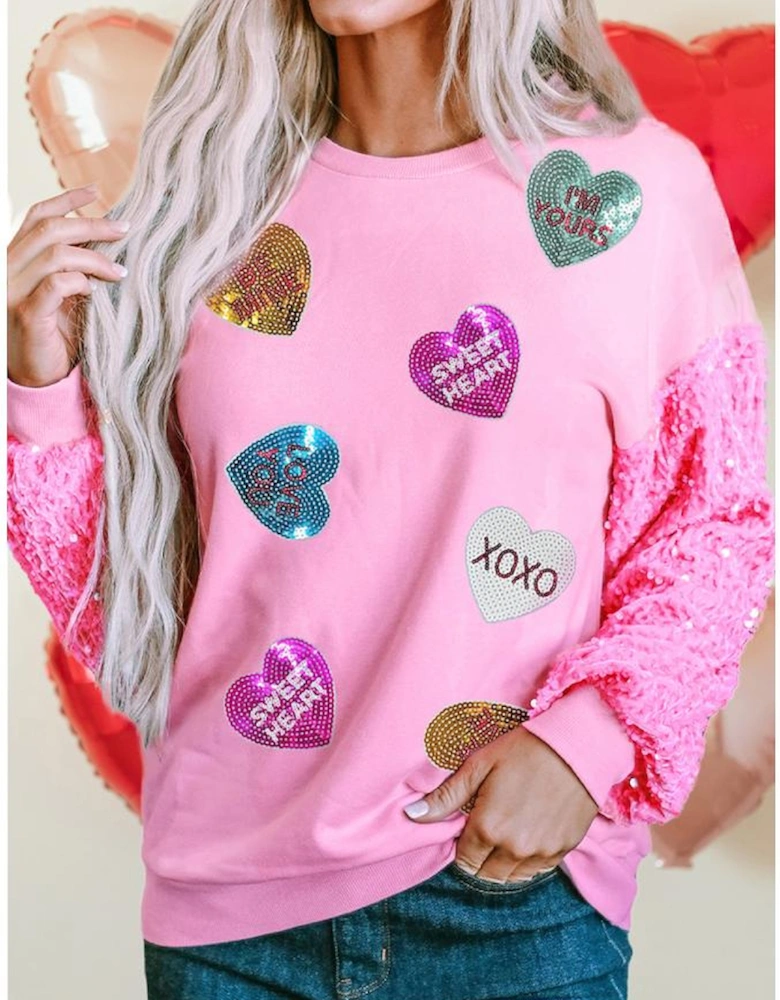 Pink Valentine Shiny Slogan Heart Sequin Sleeve Patchwork Pullover Top