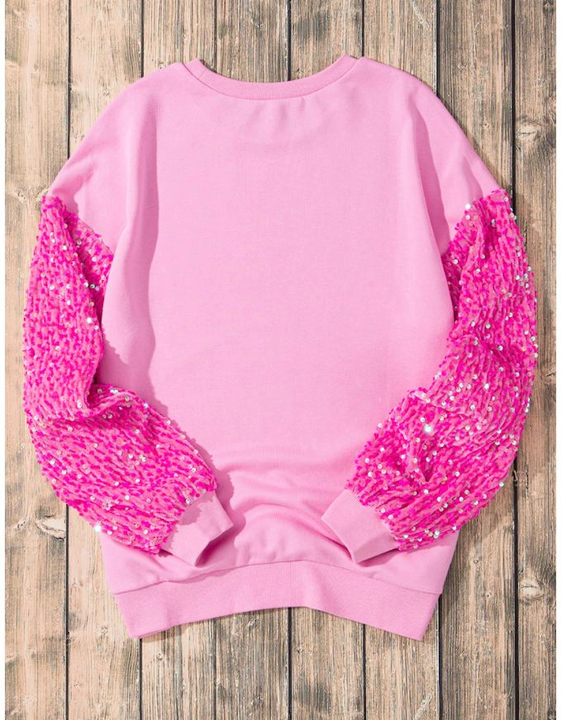 Pink Valentine Shiny Slogan Heart Sequin Sleeve Patchwork Pullover Top
