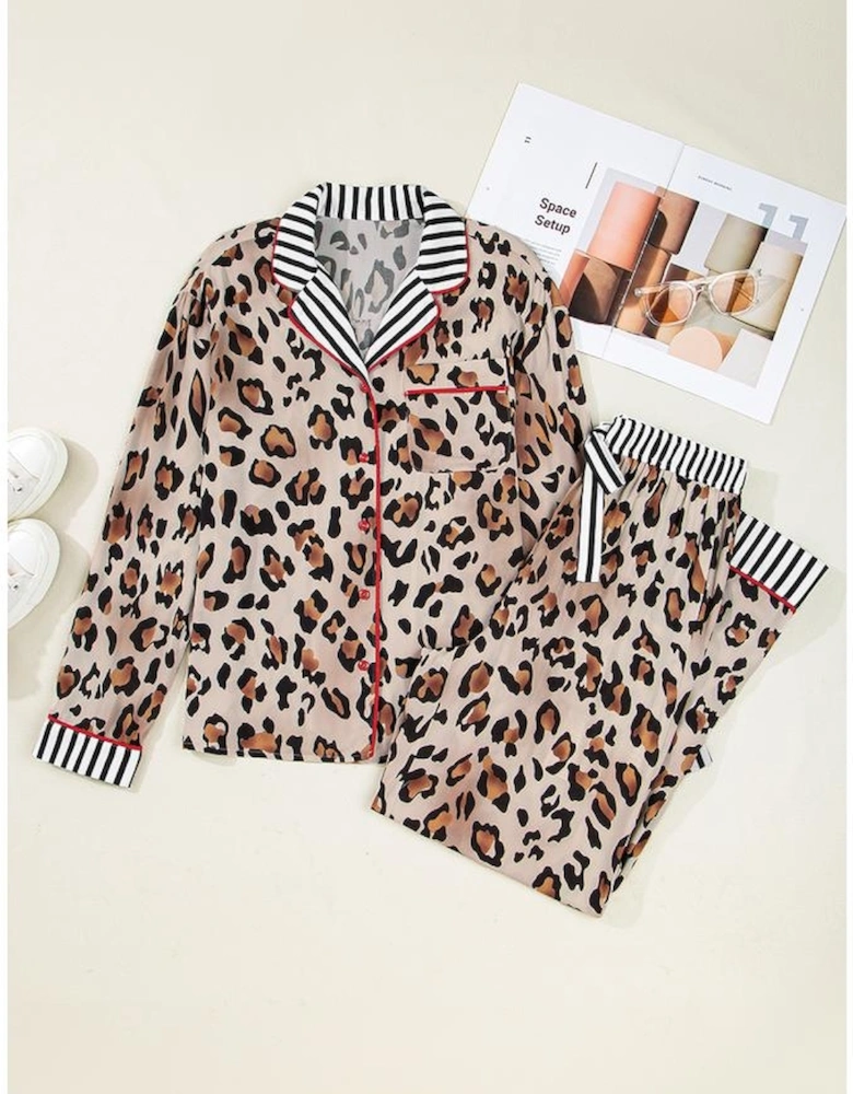 Khaki Leopard Print Colorblock Striped Edge Shirt and Pants Pajama Set