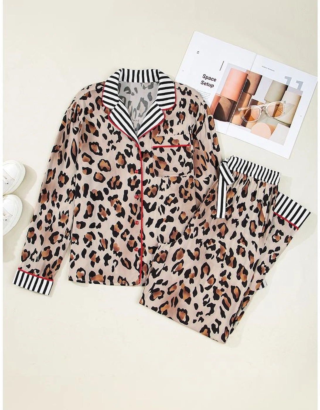 Khaki Leopard Print Colorblock Striped Edge Shirt and Pants Pajama Set