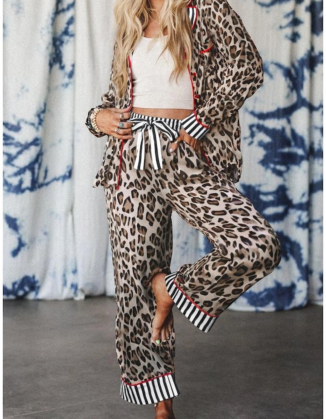 Khaki Leopard Print Colorblock Striped Edge Shirt and Pants Pajama Set