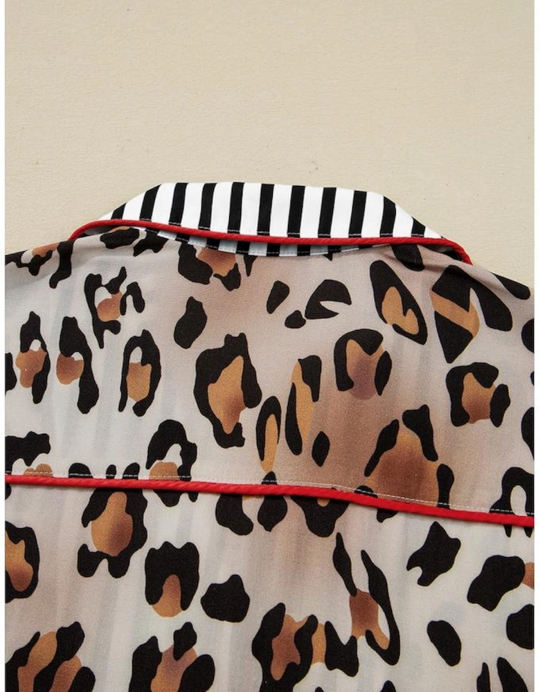 Khaki Leopard Print Colorblock Striped Edge Shirt and Pants Pajama Set