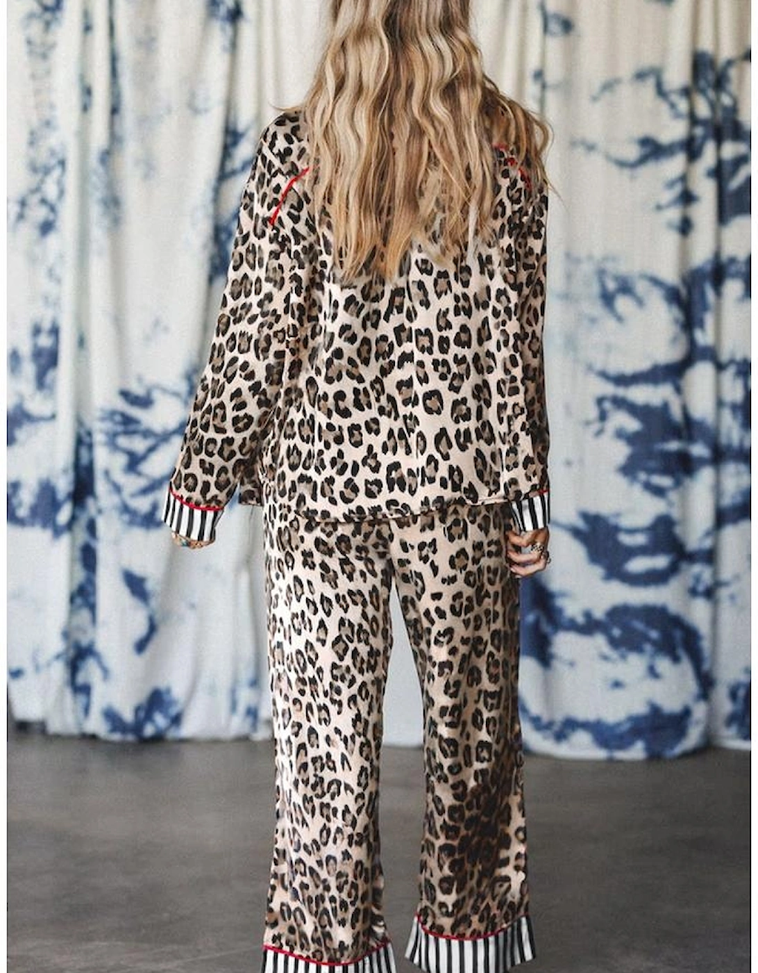 Khaki Leopard Print Colorblock Striped Edge Shirt and Pants Pajama Set, 16 of 15