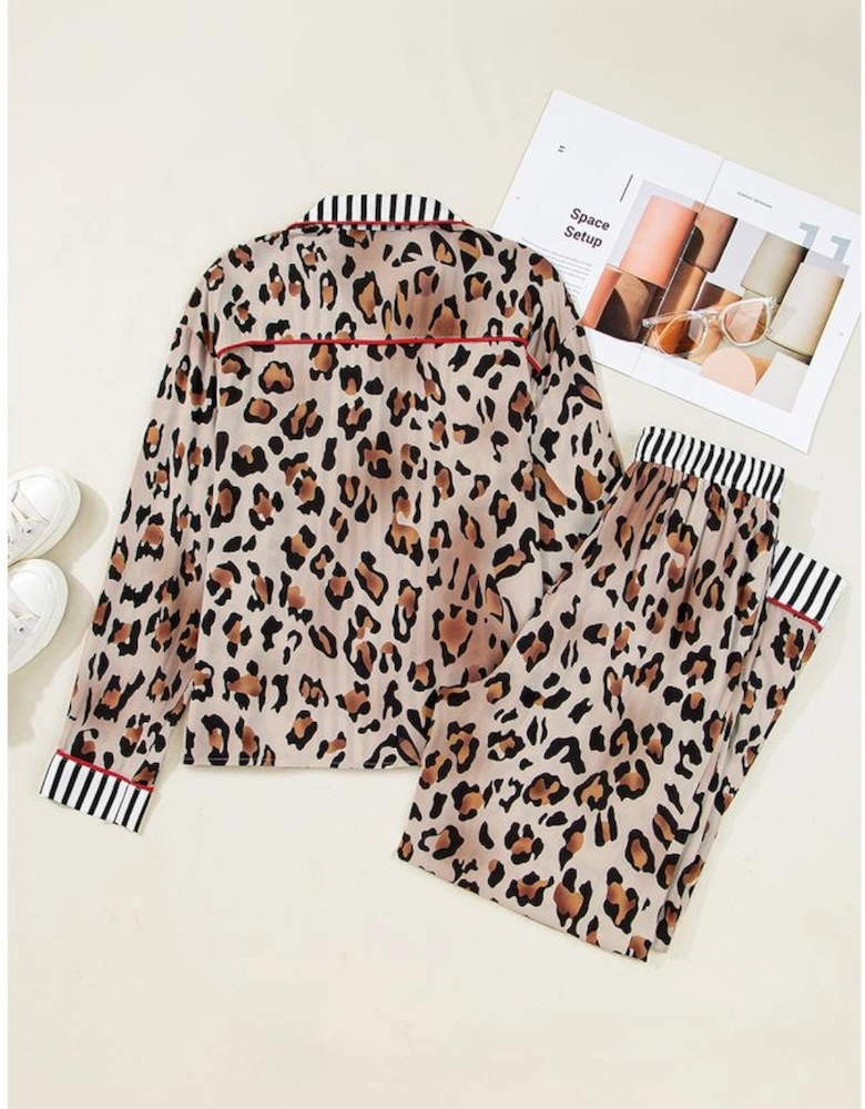 Khaki Leopard Print Colorblock Striped Edge Shirt and Pants Pajama Set