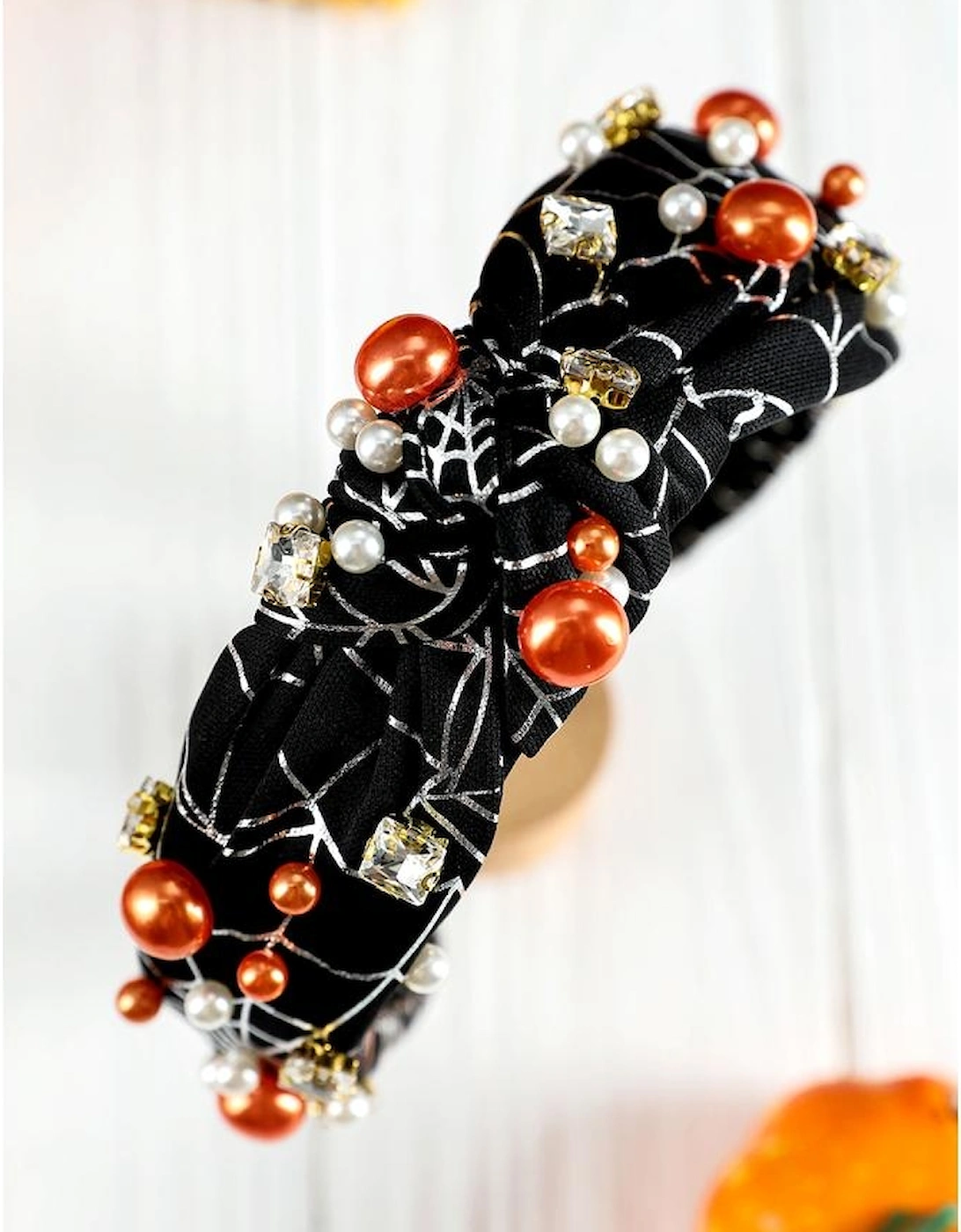 Black Pearled Rhinestone Knotted Spiderweb Halloween Headband, 9 of 8