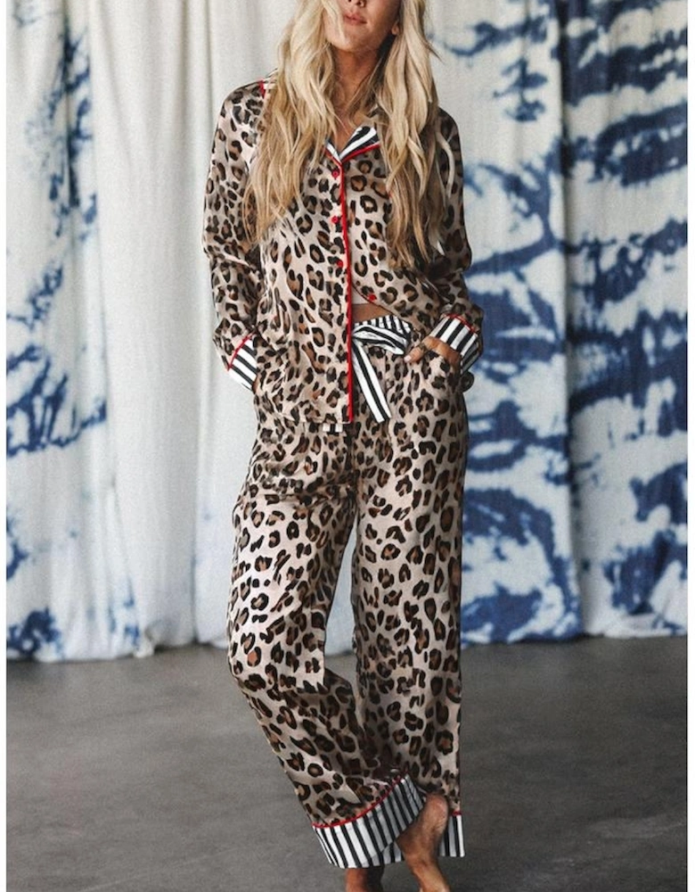 Khaki Leopard Print Colorblock Striped Edge Shirt and Pants Pajama Set
