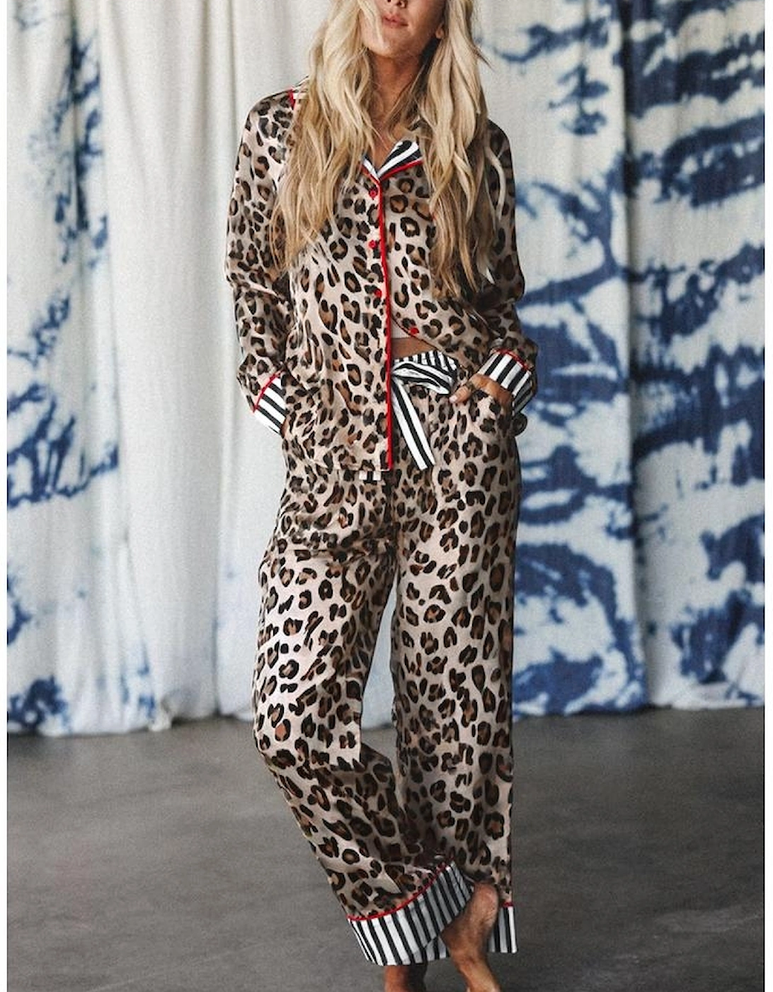 Khaki Leopard Print Colorblock Striped Edge Shirt and Pants Pajama Set