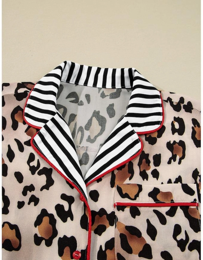Khaki Leopard Print Colorblock Striped Edge Shirt and Pants Pajama Set