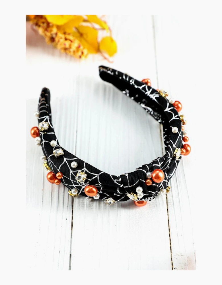 Black Pearled Rhinestone Knotted Spiderweb Halloween Headband