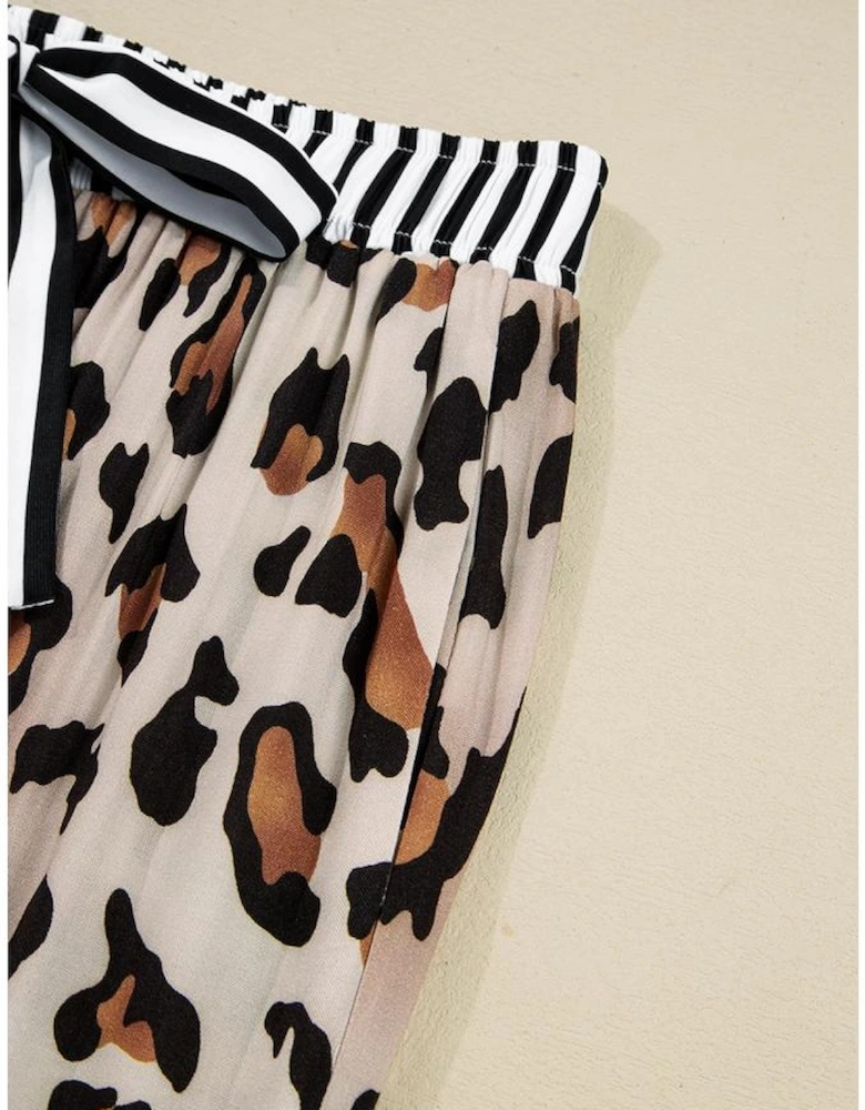 Khaki Leopard Print Colorblock Striped Edge Shirt and Pants Pajama Set