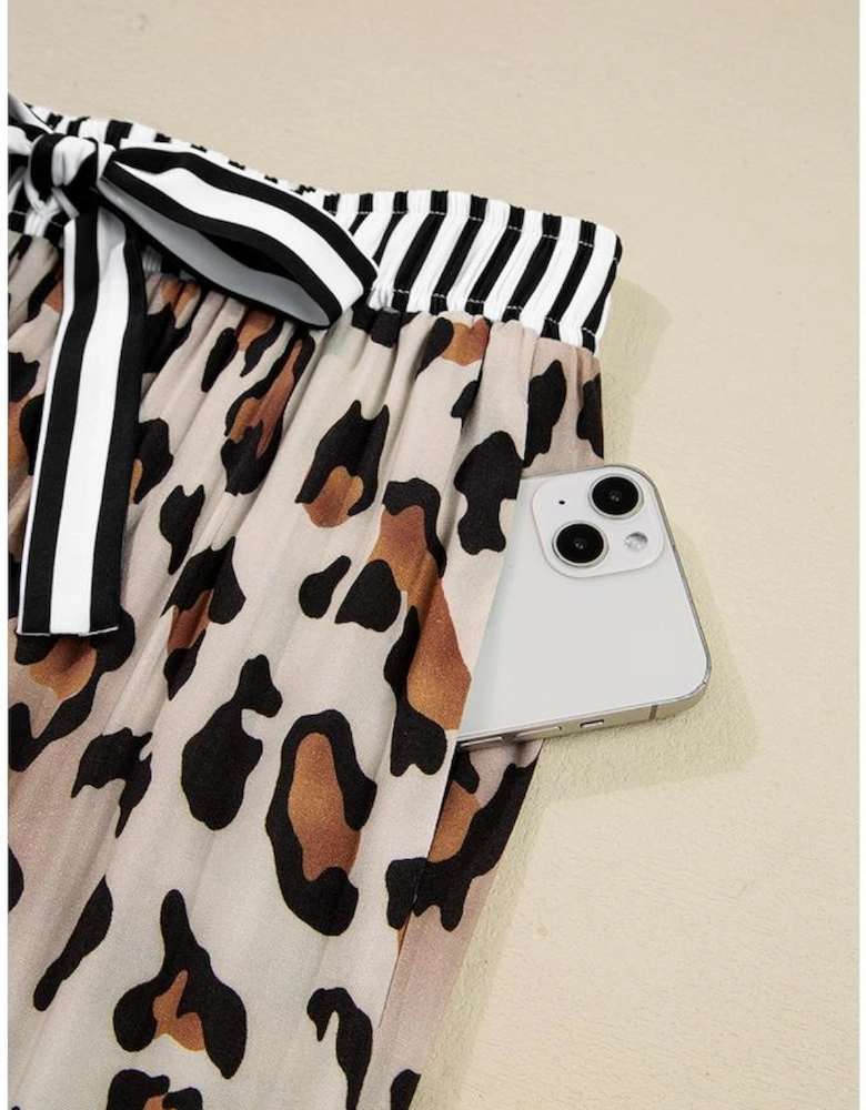 Khaki Leopard Print Colorblock Striped Edge Shirt and Pants Pajama Set