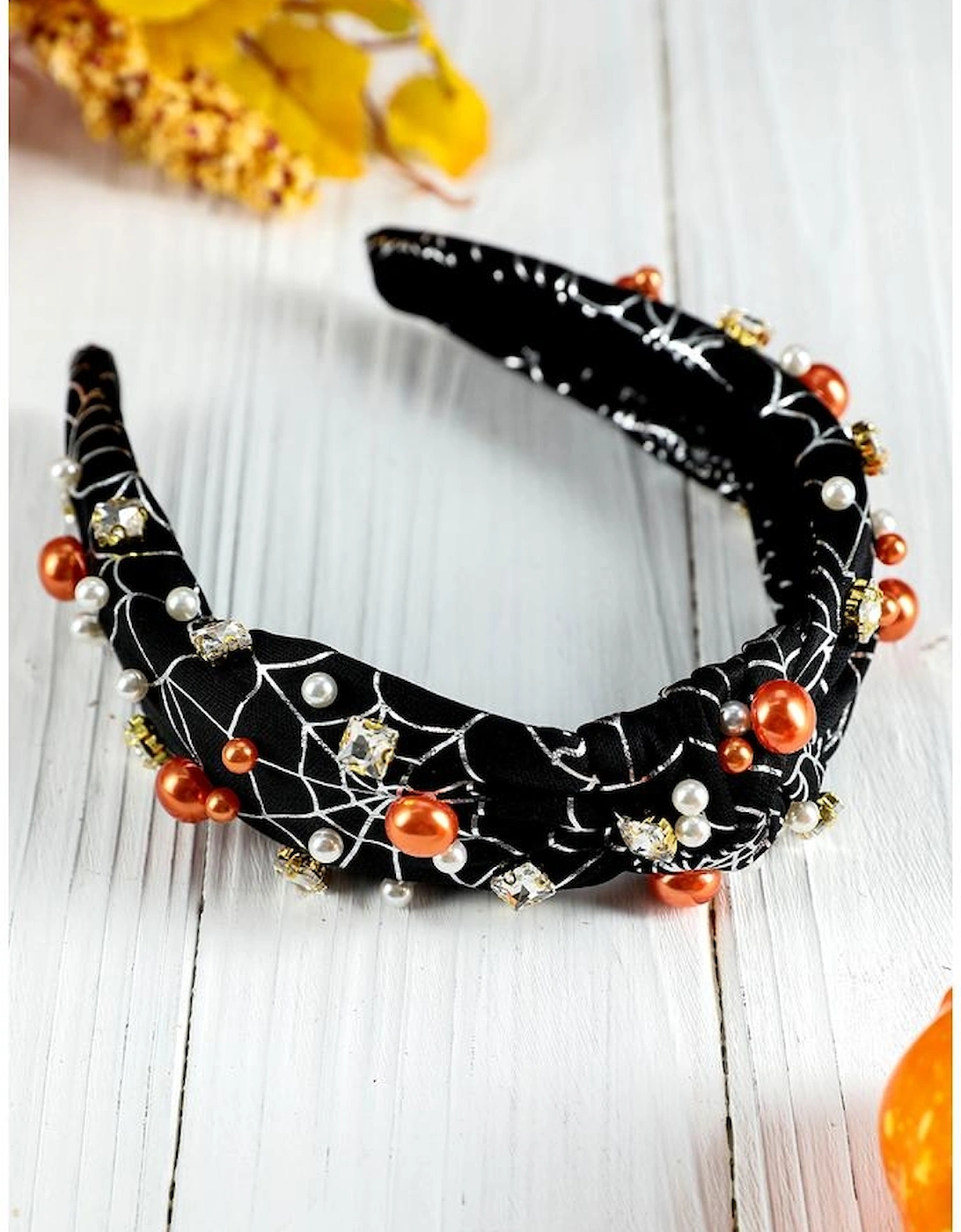 Black Pearled Rhinestone Knotted Spiderweb Halloween Headband