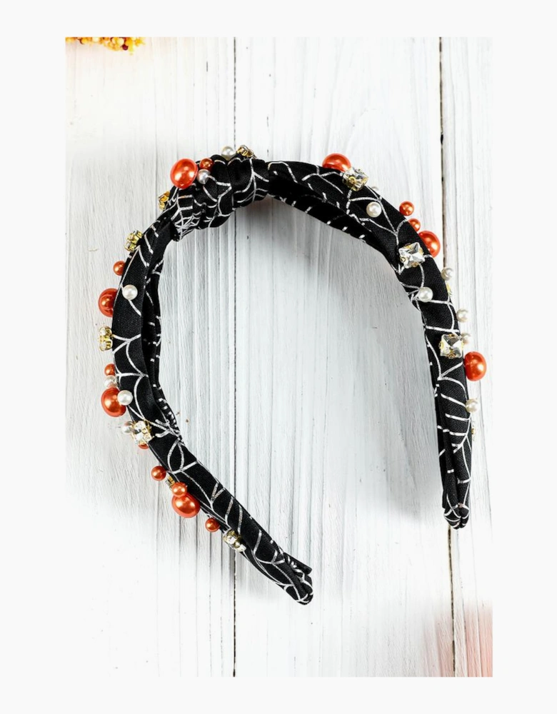 Black Pearled Rhinestone Knotted Spiderweb Halloween Headband