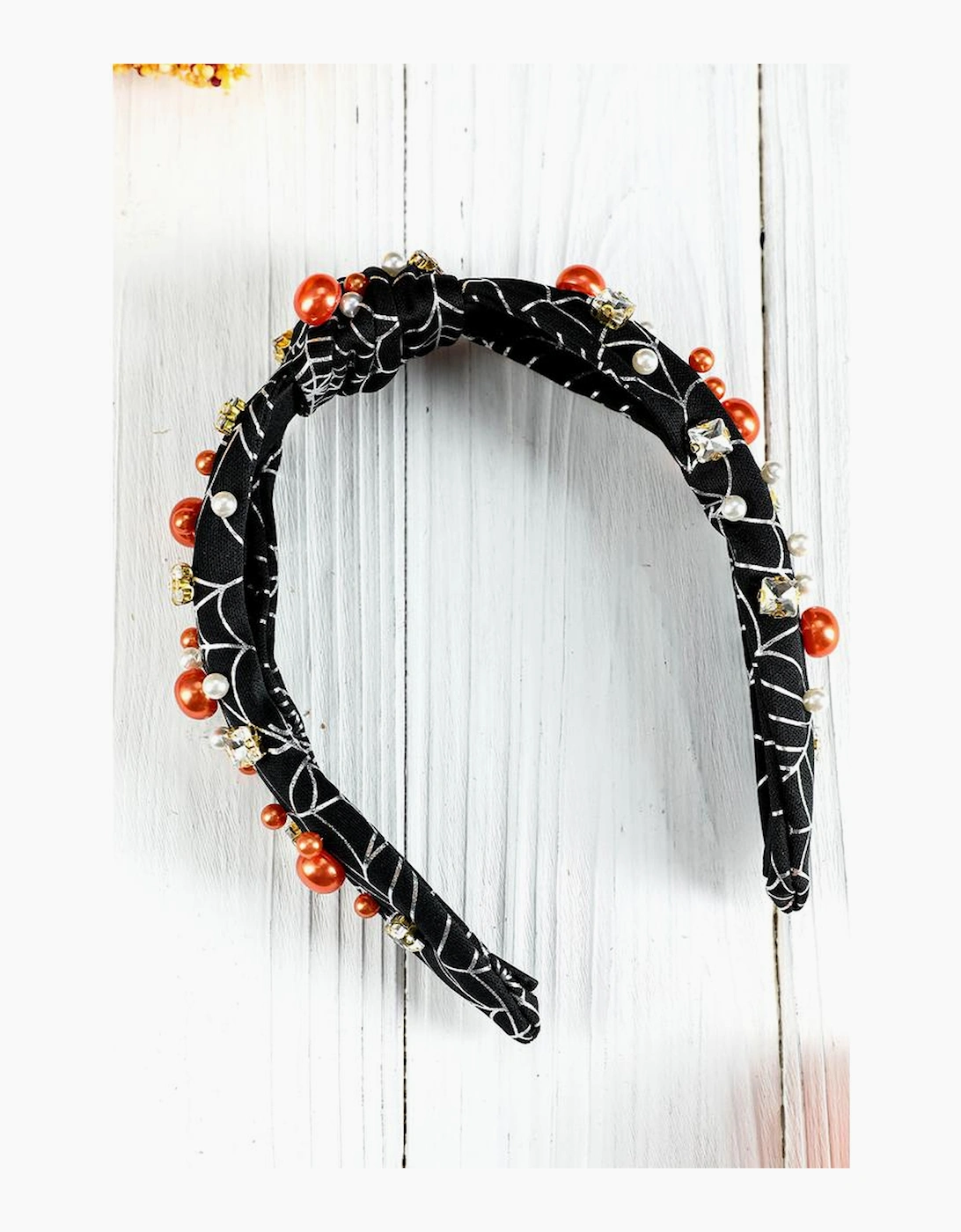 Black Pearled Rhinestone Knotted Spiderweb Halloween Headband