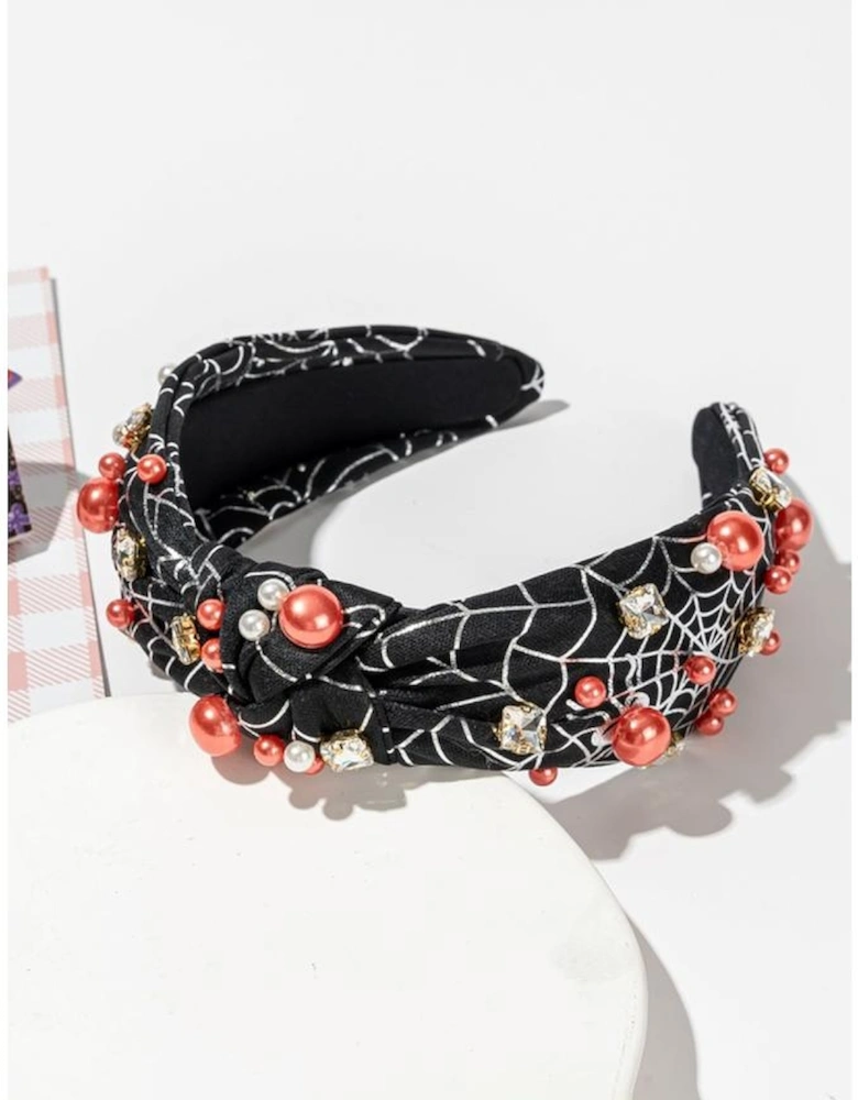 Black Pearled Rhinestone Knotted Spiderweb Halloween Headband