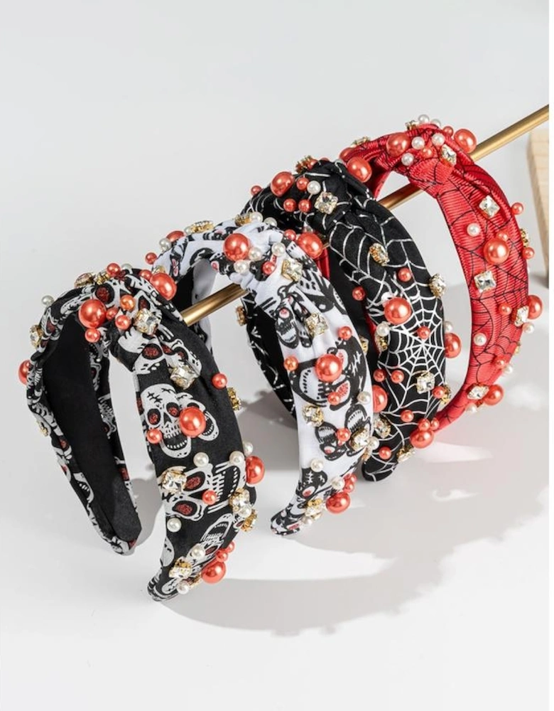 Black Pearled Rhinestone Knotted Spiderweb Halloween Headband