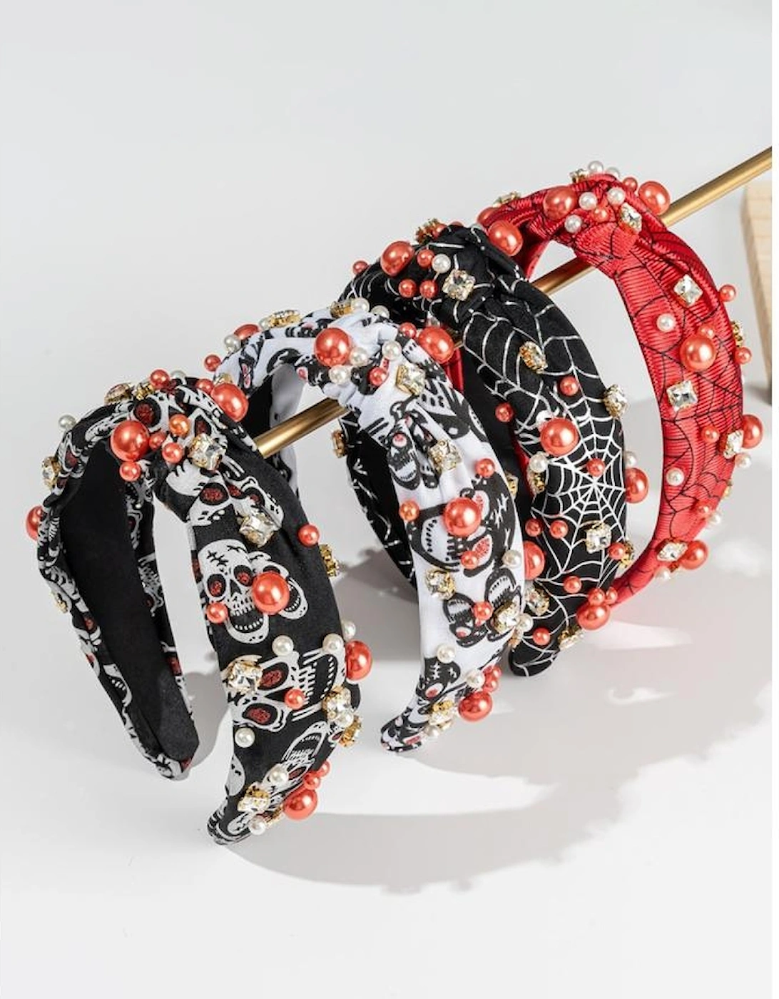 Black Pearled Rhinestone Knotted Spiderweb Halloween Headband