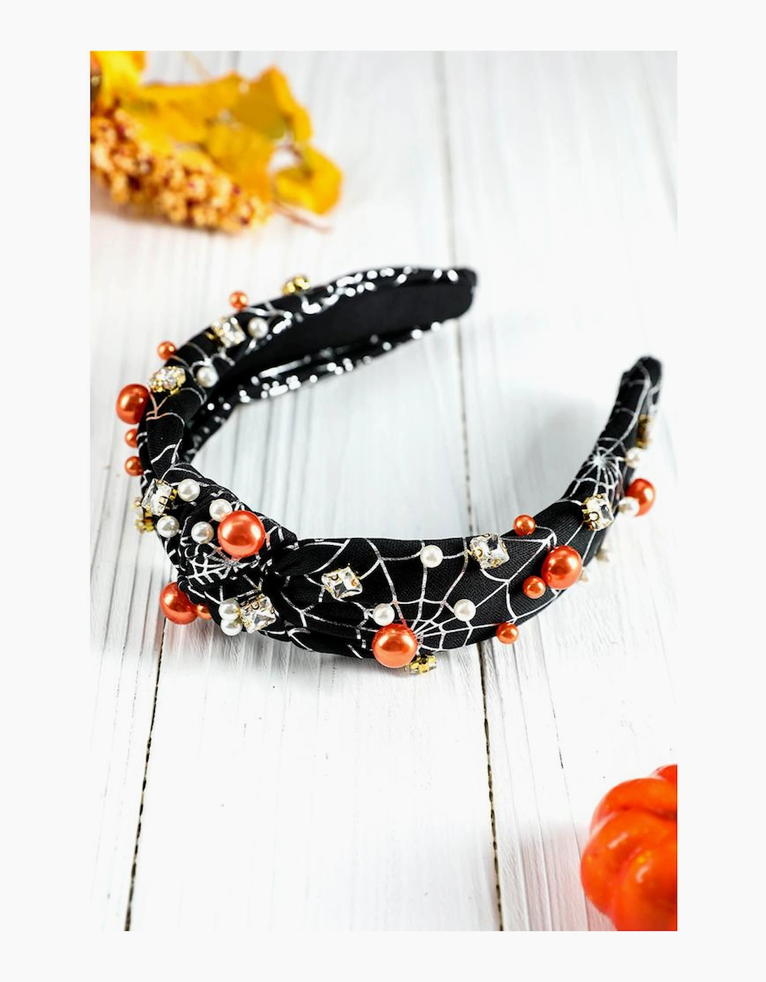 Black Pearled Rhinestone Knotted Spiderweb Halloween Headband