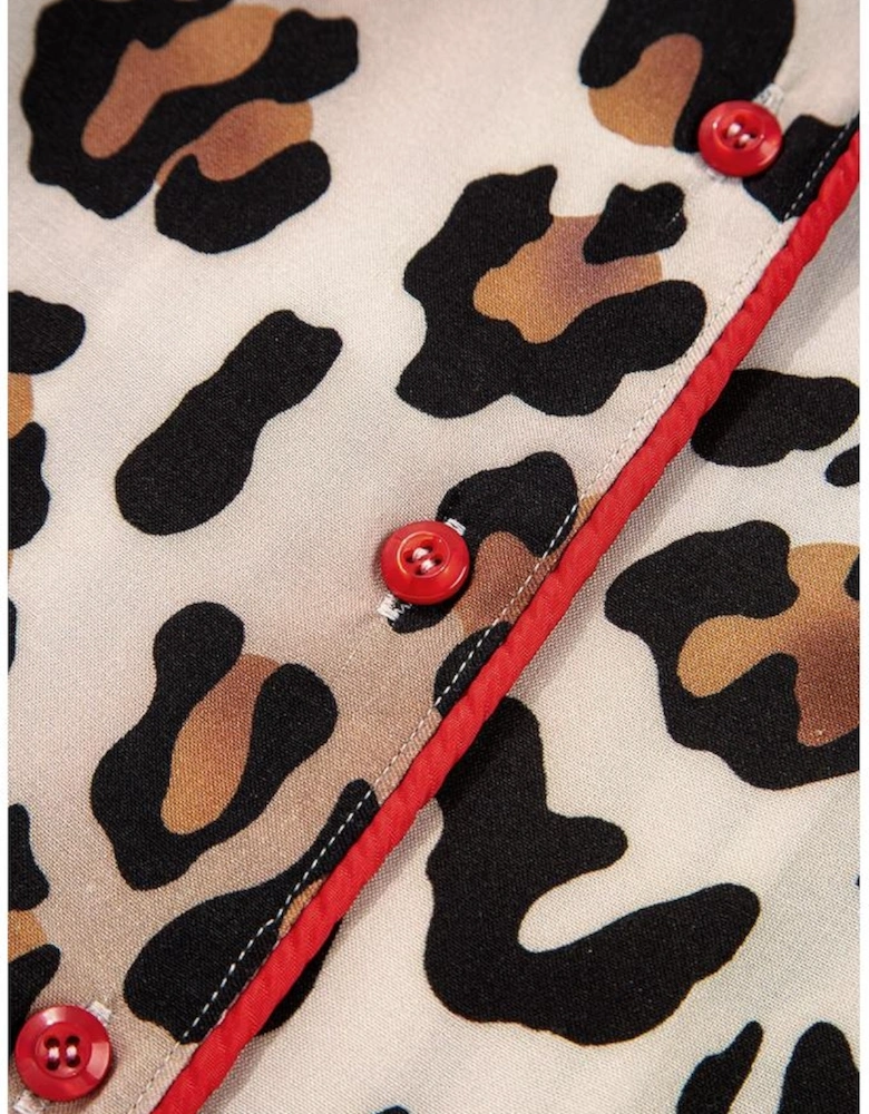 Khaki Leopard Print Colorblock Striped Edge Shirt and Pants Pajama Set