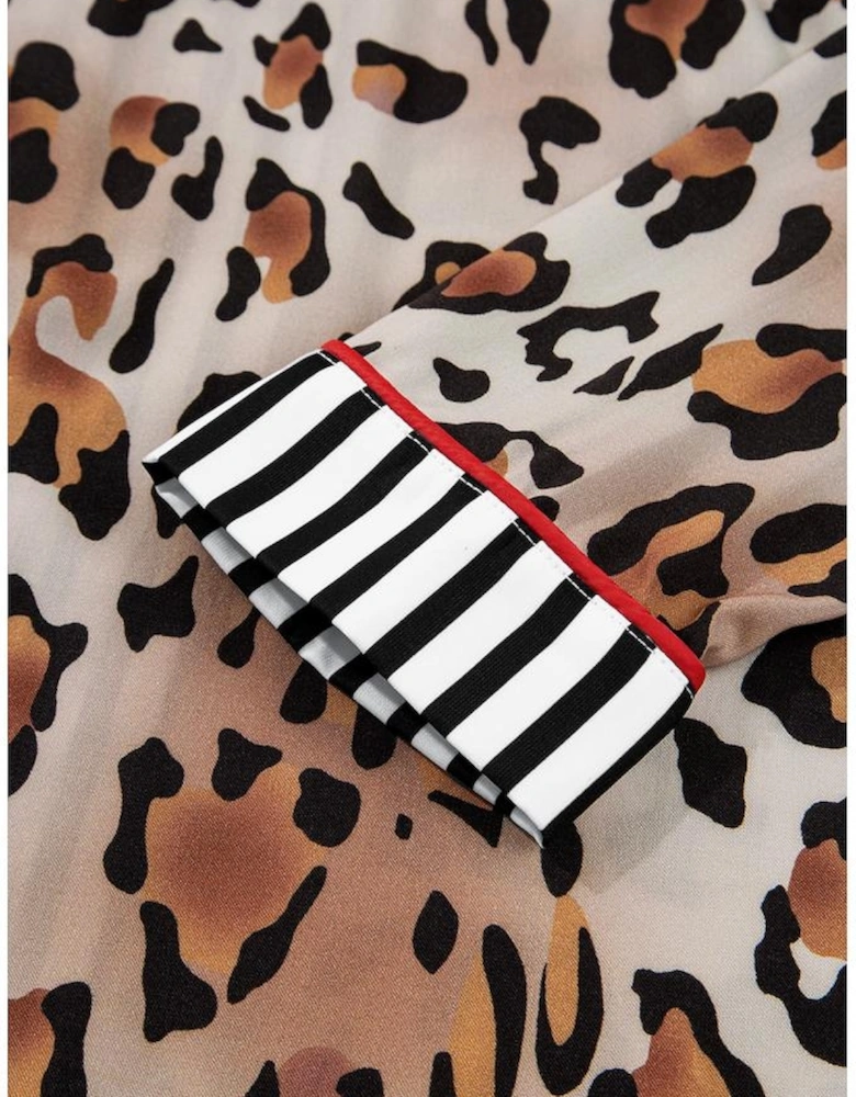 Khaki Leopard Print Colorblock Striped Edge Shirt and Pants Pajama Set
