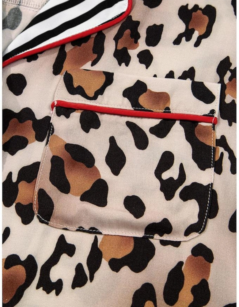 Khaki Leopard Print Colorblock Striped Edge Shirt and Pants Pajama Set