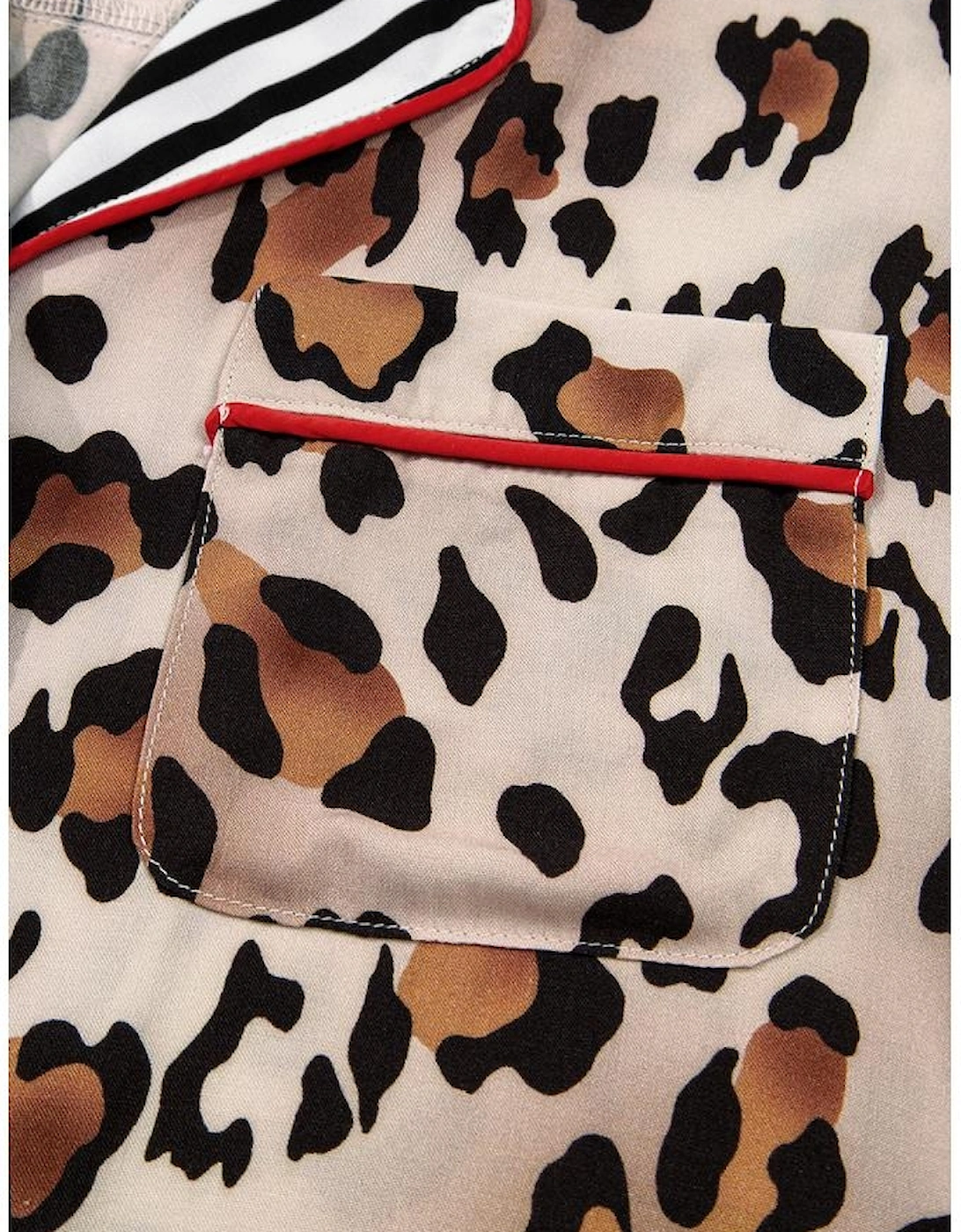 Khaki Leopard Print Colorblock Striped Edge Shirt and Pants Pajama Set