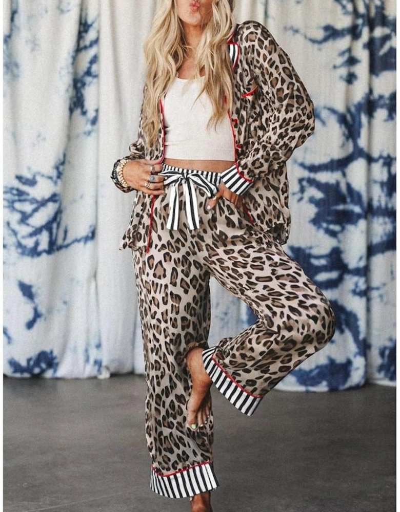 Khaki Leopard Print Colorblock Striped Edge Shirt and Pants Pajama Set