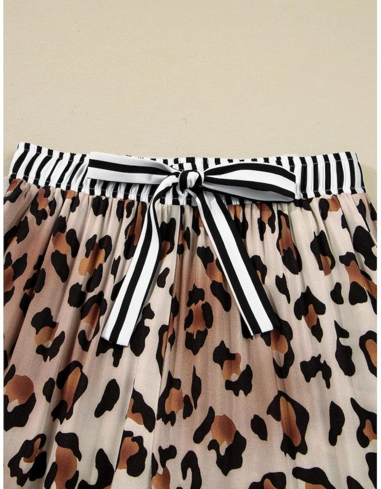 Khaki Leopard Print Colorblock Striped Edge Shirt and Pants Pajama Set