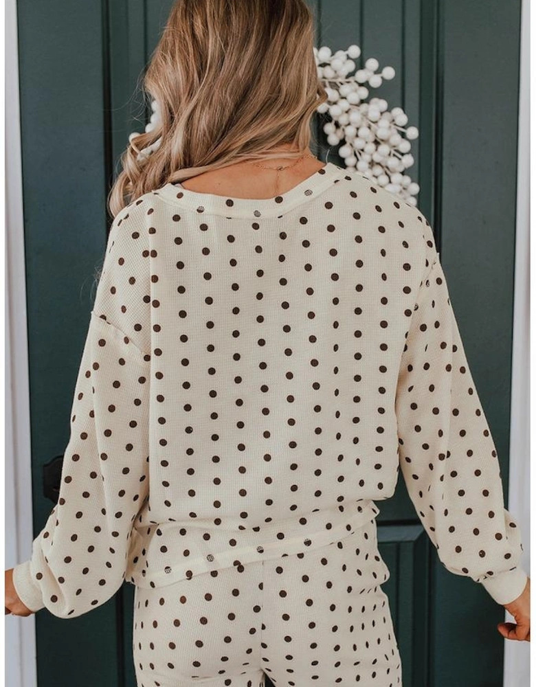 White Polka Dot Print Notched Neck Long Sleeve Top Drawstring Jogger Pants Waffle Knit Lounge Set