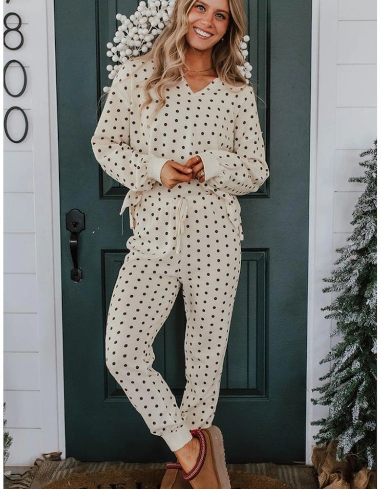 White Polka Dot Print Notched Neck Long Sleeve Top Drawstring Jogger Pants Waffle Knit Lounge Set