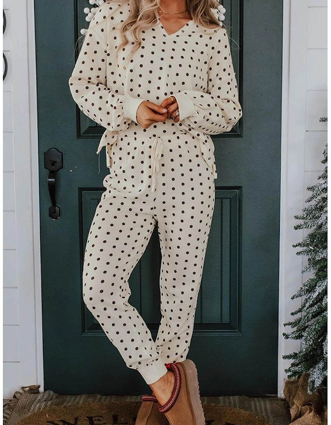 White Polka Dot Print Notched Neck Long Sleeve Top Drawstring Jogger Pants Waffle Knit Lounge Set