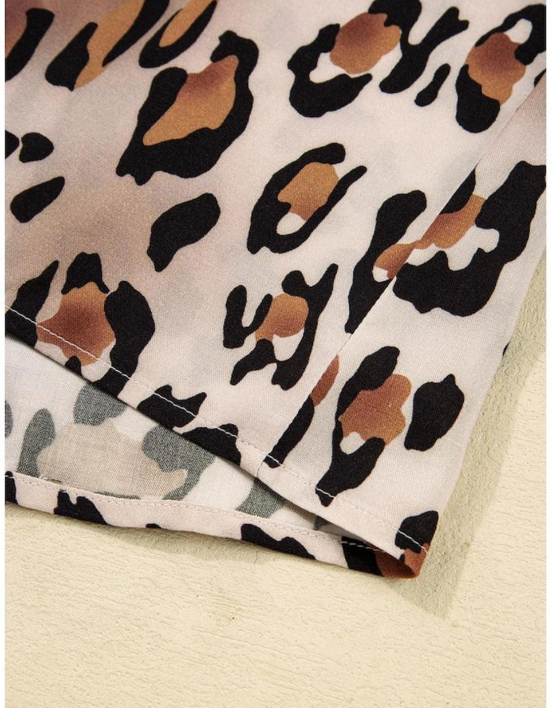 Khaki Leopard Print Colorblock Striped Edge Shirt and Pants Pajama Set